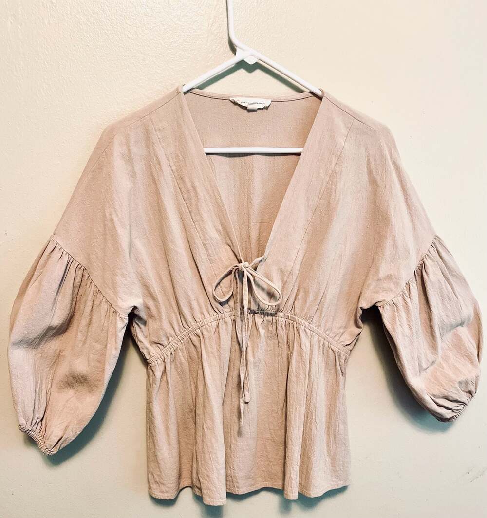 Baby Doll Tie Front Balloon Sleeve Boho Peasant top 100% Cotton, M - Picture 3 of 6